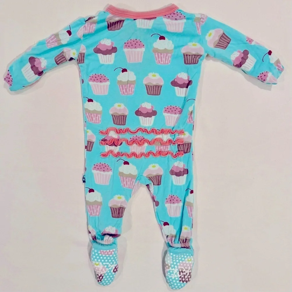 KicKee Pants Ruffle Footie Girls 0-3M Bamboo Summer Sky Cupcake Sleeper Pajamas